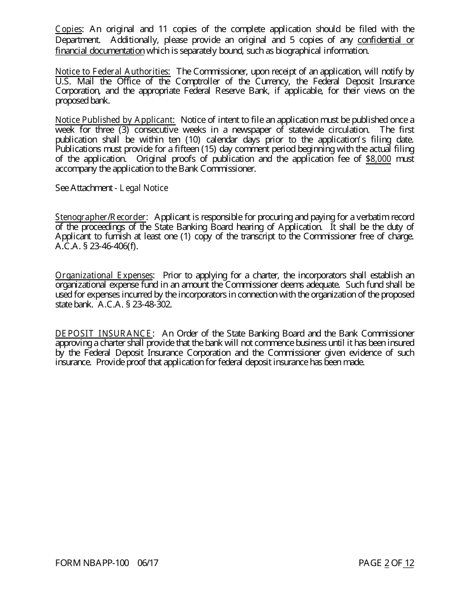 Form NBAPP-100 Application for Proposed State Bank Charter - Arkansas, Page 2