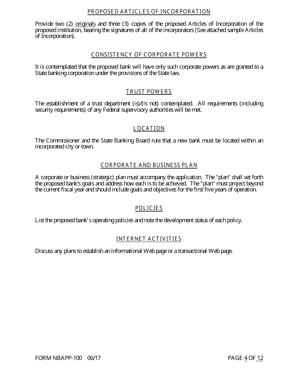 Form NBAPP-100 Application for Proposed State Bank Charter - Arkansas, Page 4