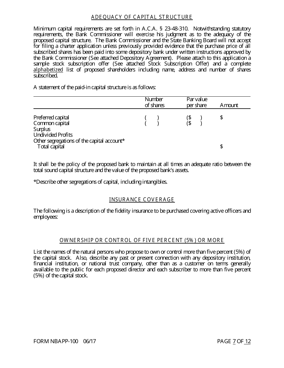 Form NBAPP-100 Application for Proposed State Bank Charter - Arkansas, Page 7