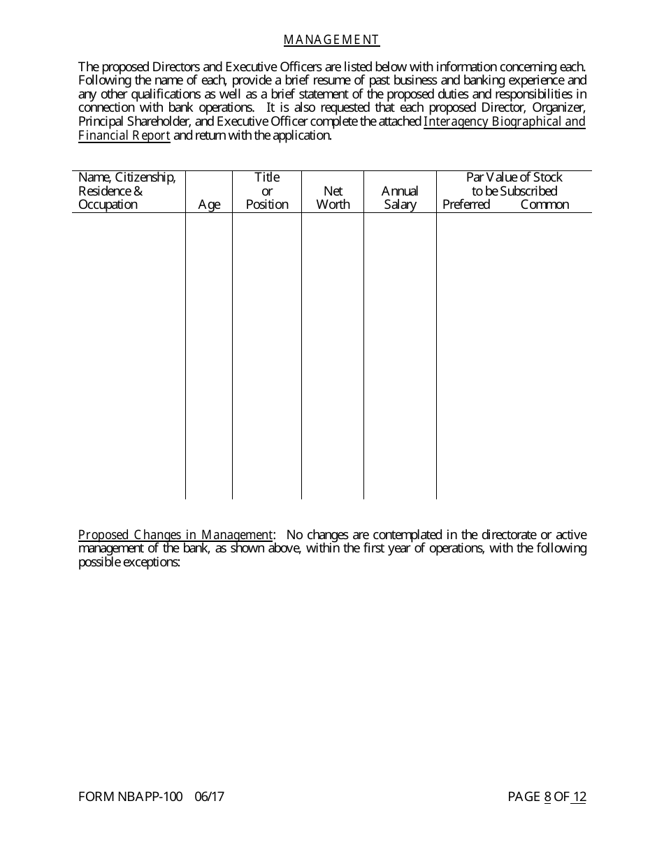 Form NBAPP-100 Application for Proposed State Bank Charter - Arkansas, Page 8