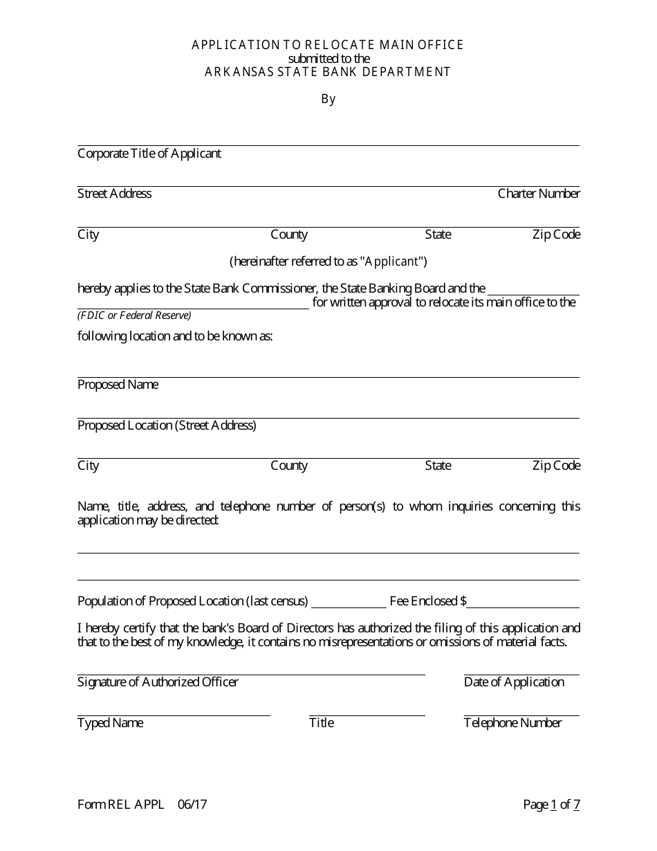 Form REL APPL Application to Relocate Main Office - Arkansas, Page 1