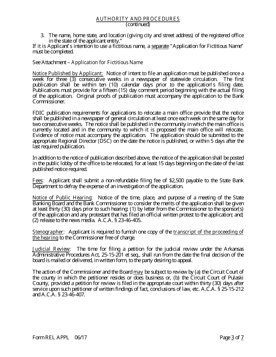 Form REL APPL Application to Relocate Main Office - Arkansas, Page 3