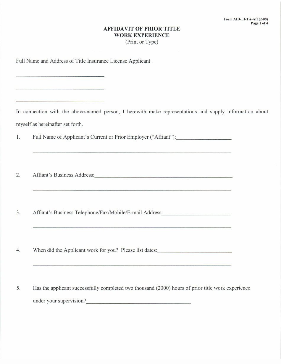 Form AID-LI-TA-AFF Affidavit of Prior Title Work Experience - Arkansas, Page 1