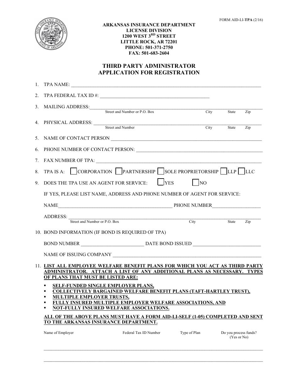Form AID-LI-TPA Third Party Administrator Application for Registration - Arkansas, Page 2