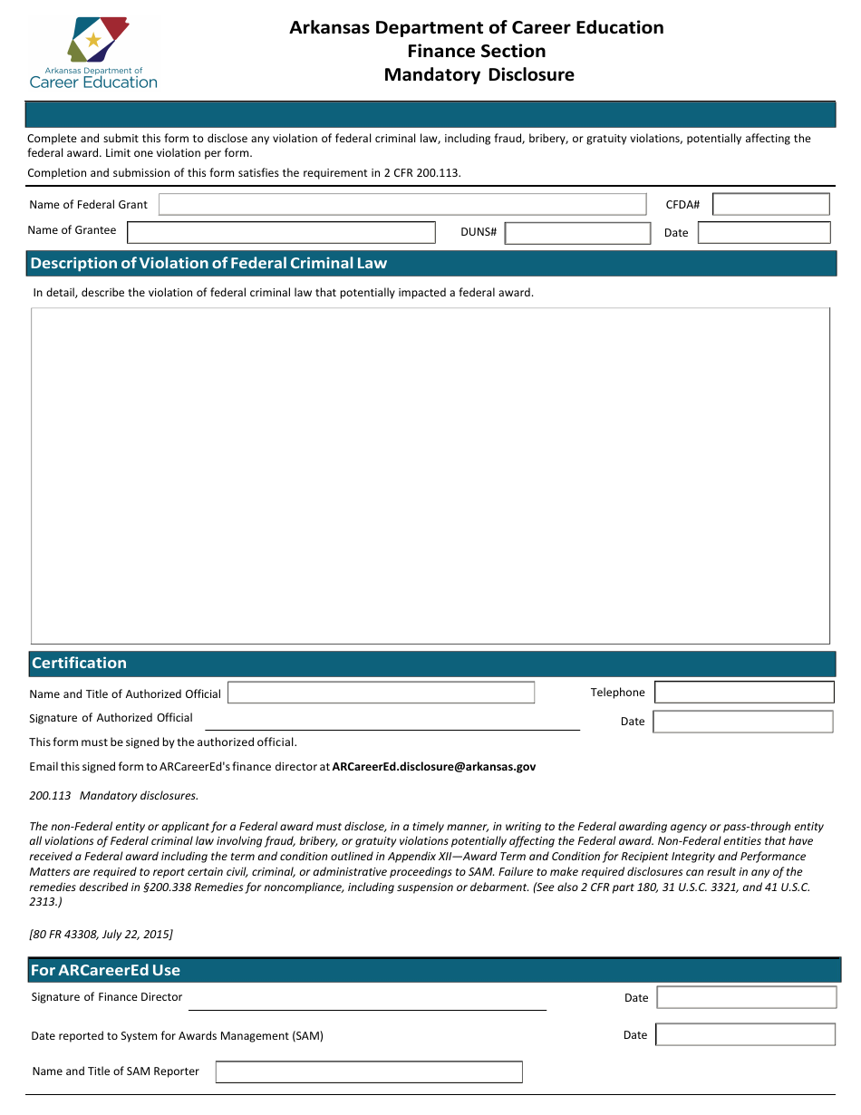 Mandatory Disclosure Form - Arkansas, Page 1
