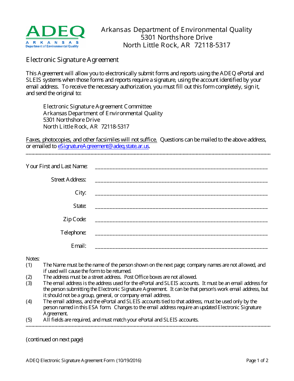 Electronic Signature Agreement Form - Arkansas, Page 1