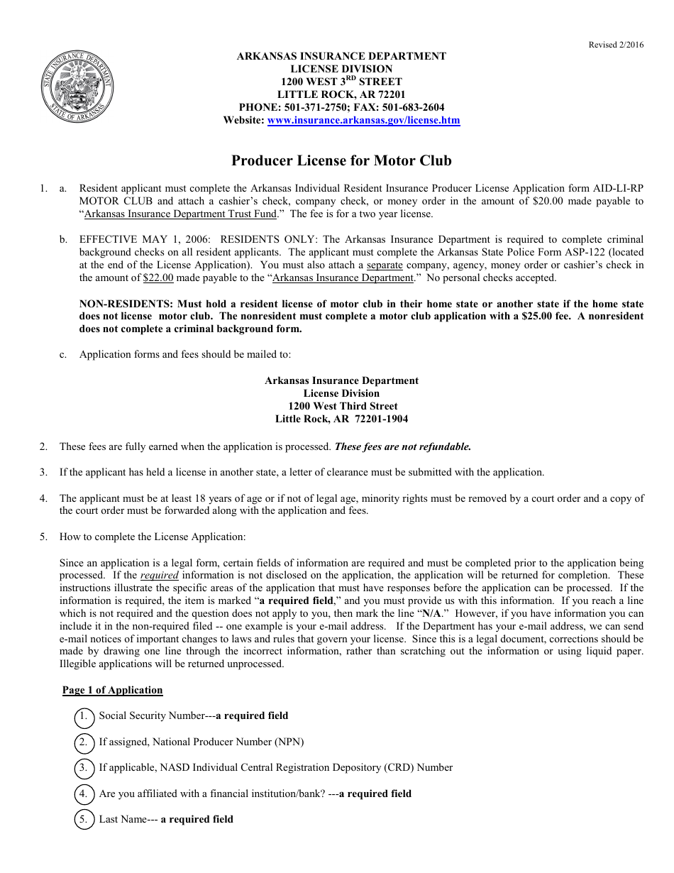 Form AID-LI-RP MOTOR CLUB Uniform Application for Arkansas Individual Resident Insurance Producer License - Arkansas, Page 1
