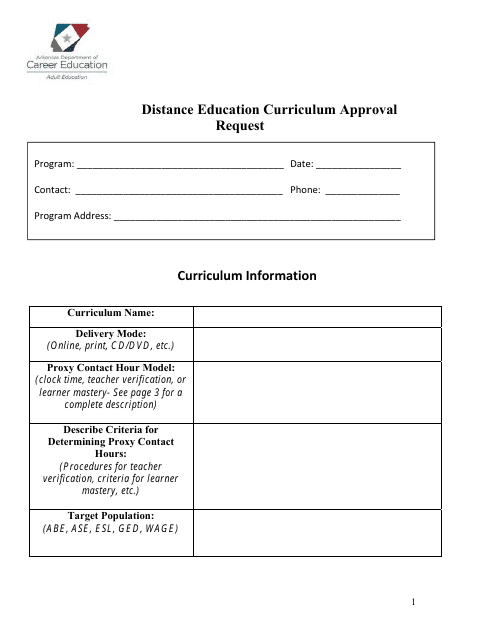 Distance Education Curriculum Approval Request Form - Arkansas Download Pdf