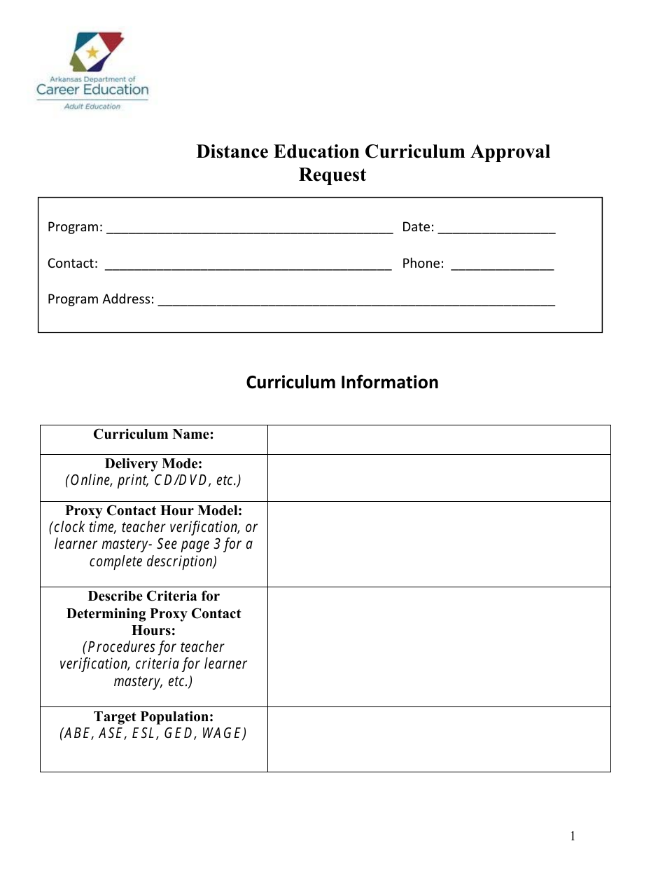 Distance Education Curriculum Approval Request Form - Arkansas, Page 1
