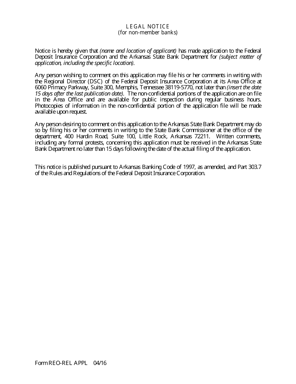 Form REO-REL APPL Application to Reorganize and Relocate Bank Charter - Arkansas, Page 11