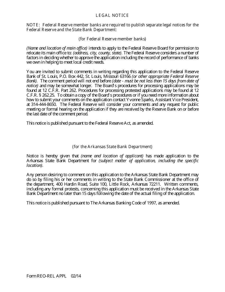 Form REO-REL APPL Application to Reorganize and Relocate Bank Charter - Arkansas, Page 12
