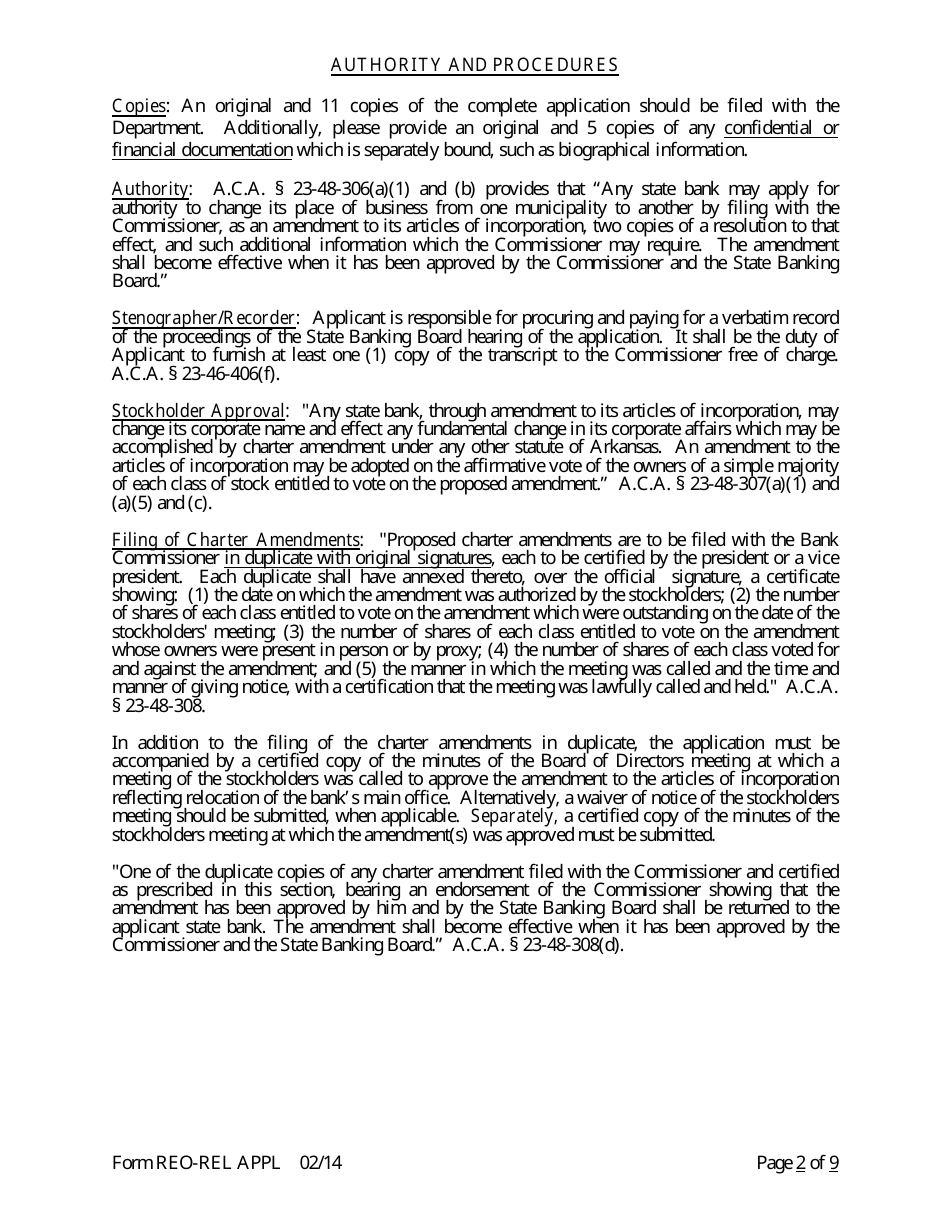 Form REO-REL APPL Application to Reorganize and Relocate Bank Charter - Arkansas, Page 2