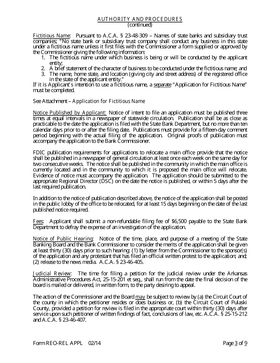 Form REO-REL APPL Application to Reorganize and Relocate Bank Charter - Arkansas, Page 3