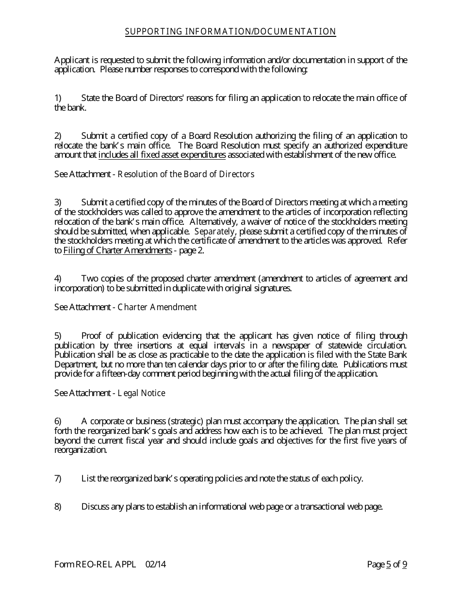 Form REO-REL APPL Application to Reorganize and Relocate Bank Charter - Arkansas, Page 5