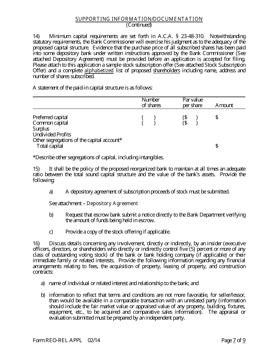 Form REO-REL APPL Application to Reorganize and Relocate Bank Charter - Arkansas, Page 7