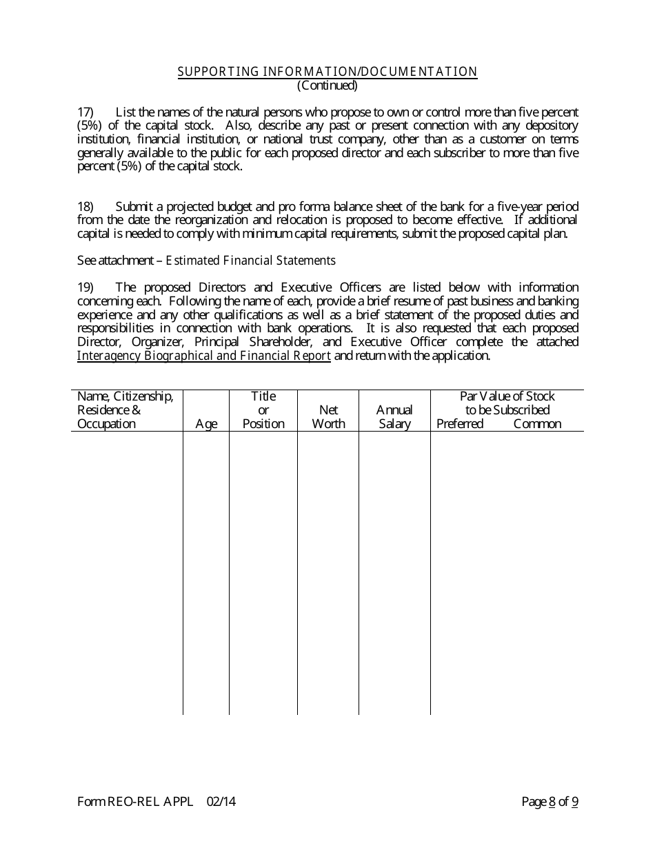 Form REO-REL APPL Application to Reorganize and Relocate Bank Charter - Arkansas, Page 8