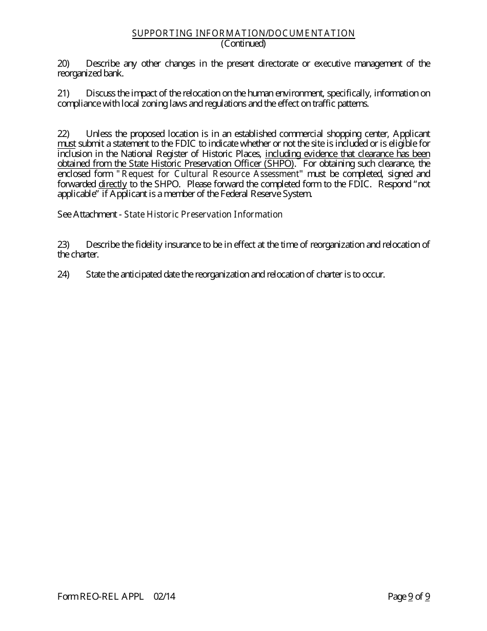 Form REO-REL APPL Application to Reorganize and Relocate Bank Charter - Arkansas, Page 9