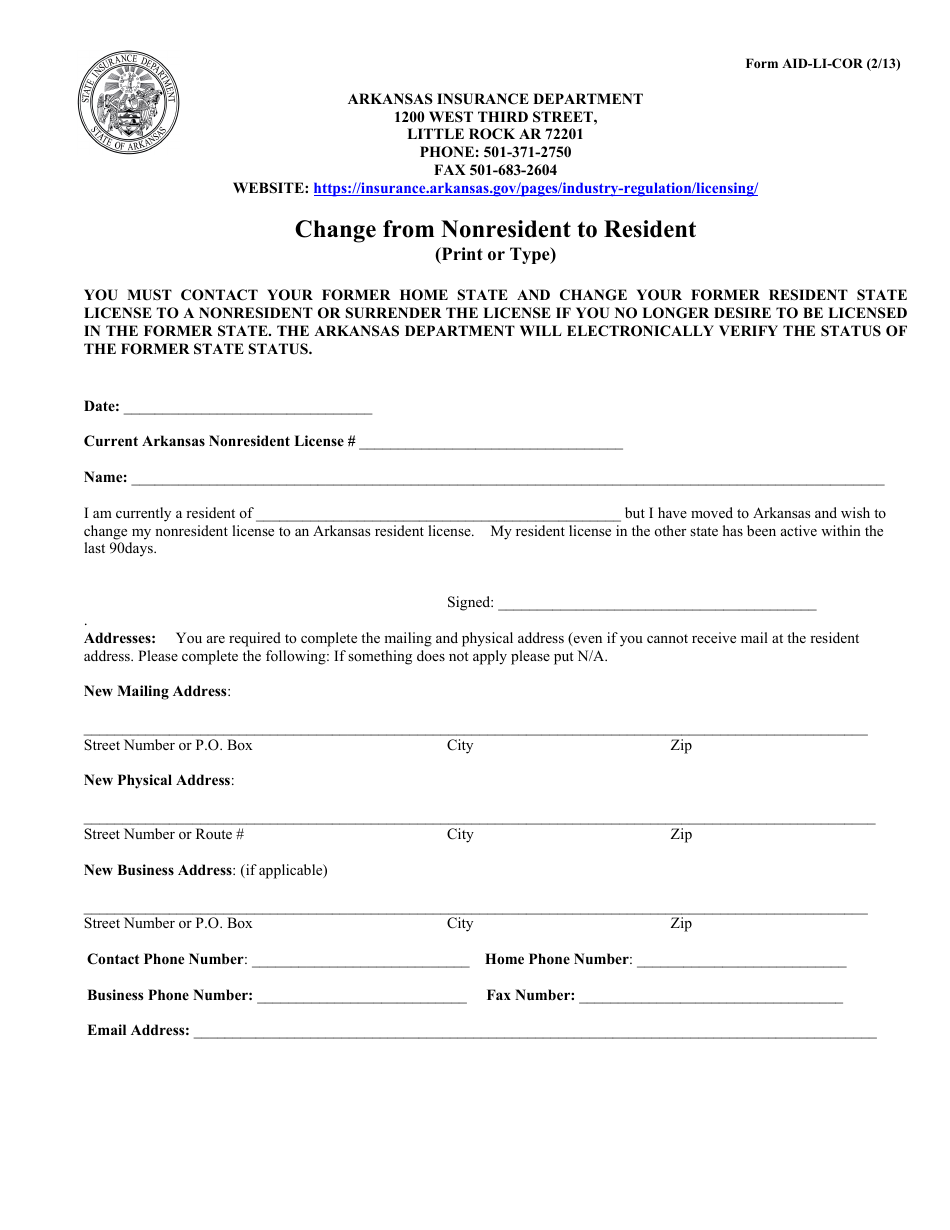 Form AID-LI-COR Change From Nonresident to Resident - Arkansas, Page 2