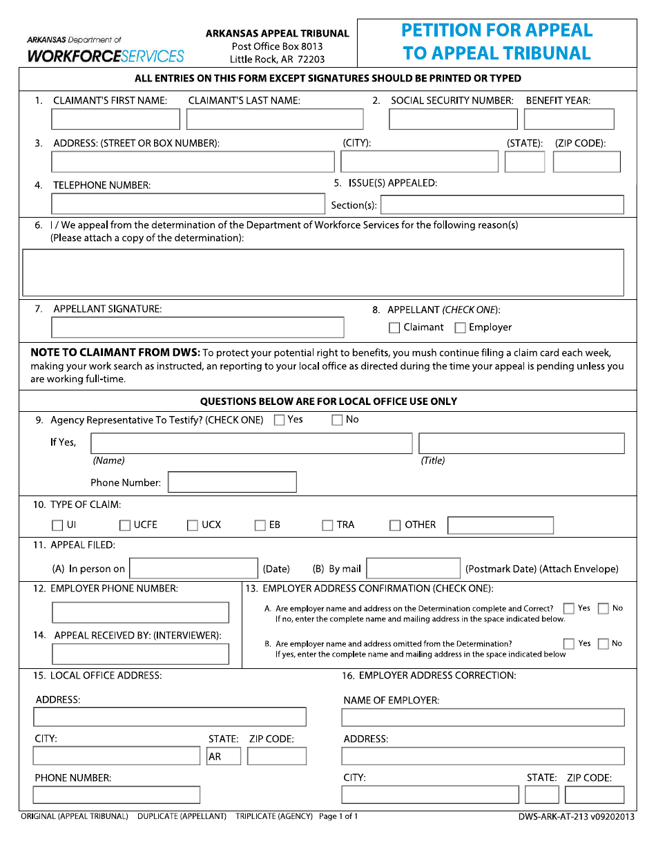 Form DWS-ARK-AT-213 Petition for Appeal to Appeal Tribunal - Arkansas, Page 1