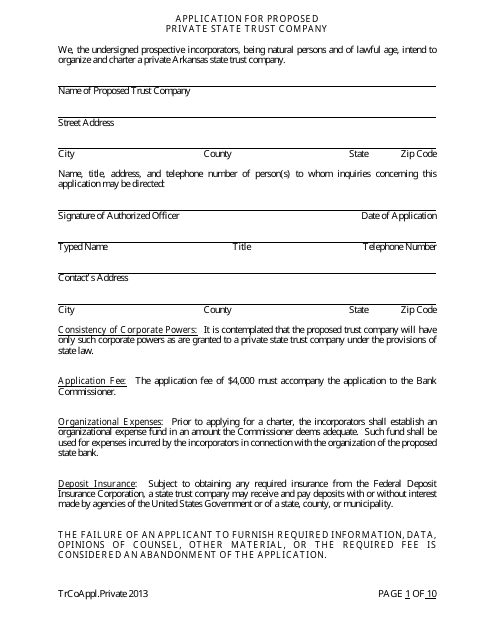 Application for Proposed Private State Trust Company - Arkansas Download Pdf