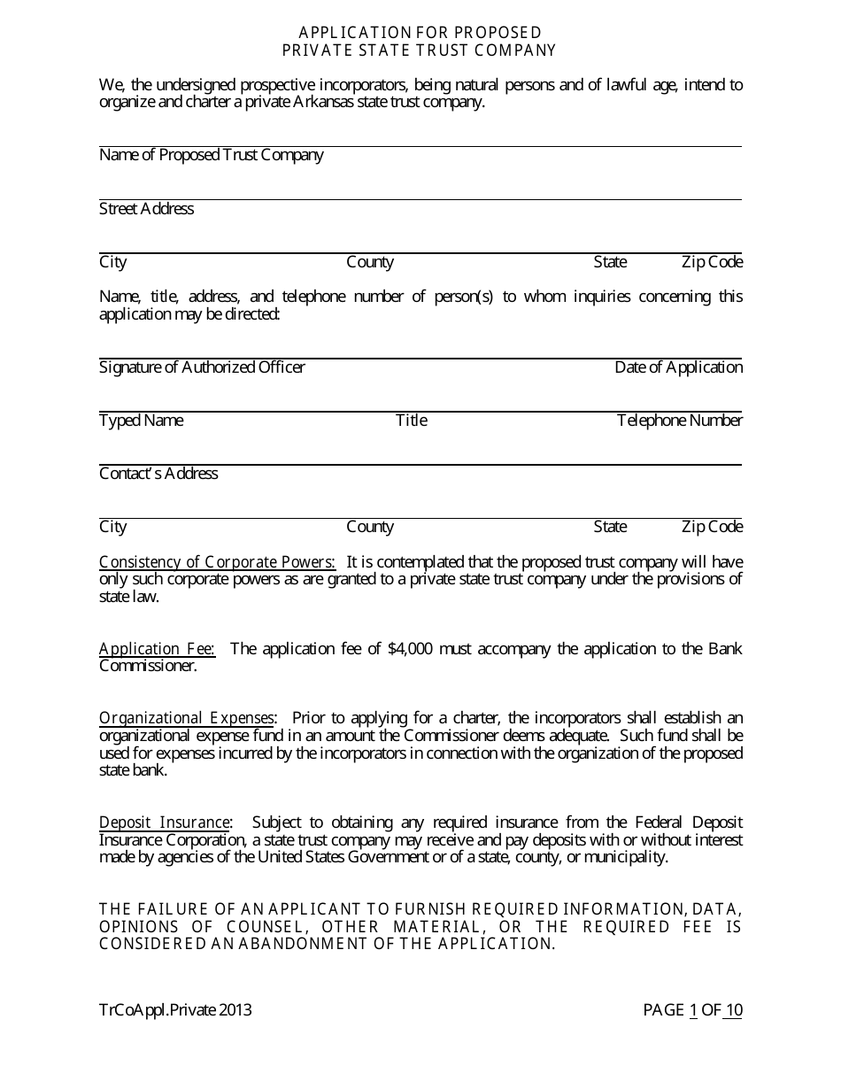 Application for Proposed Private State Trust Company - Arkansas, Page 1