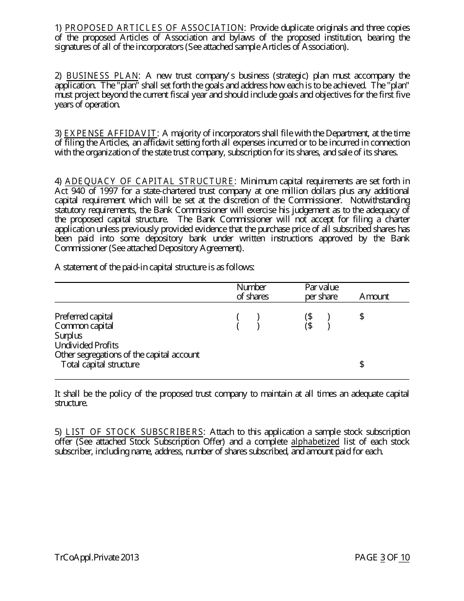 Application for Proposed Private State Trust Company - Arkansas, Page 3