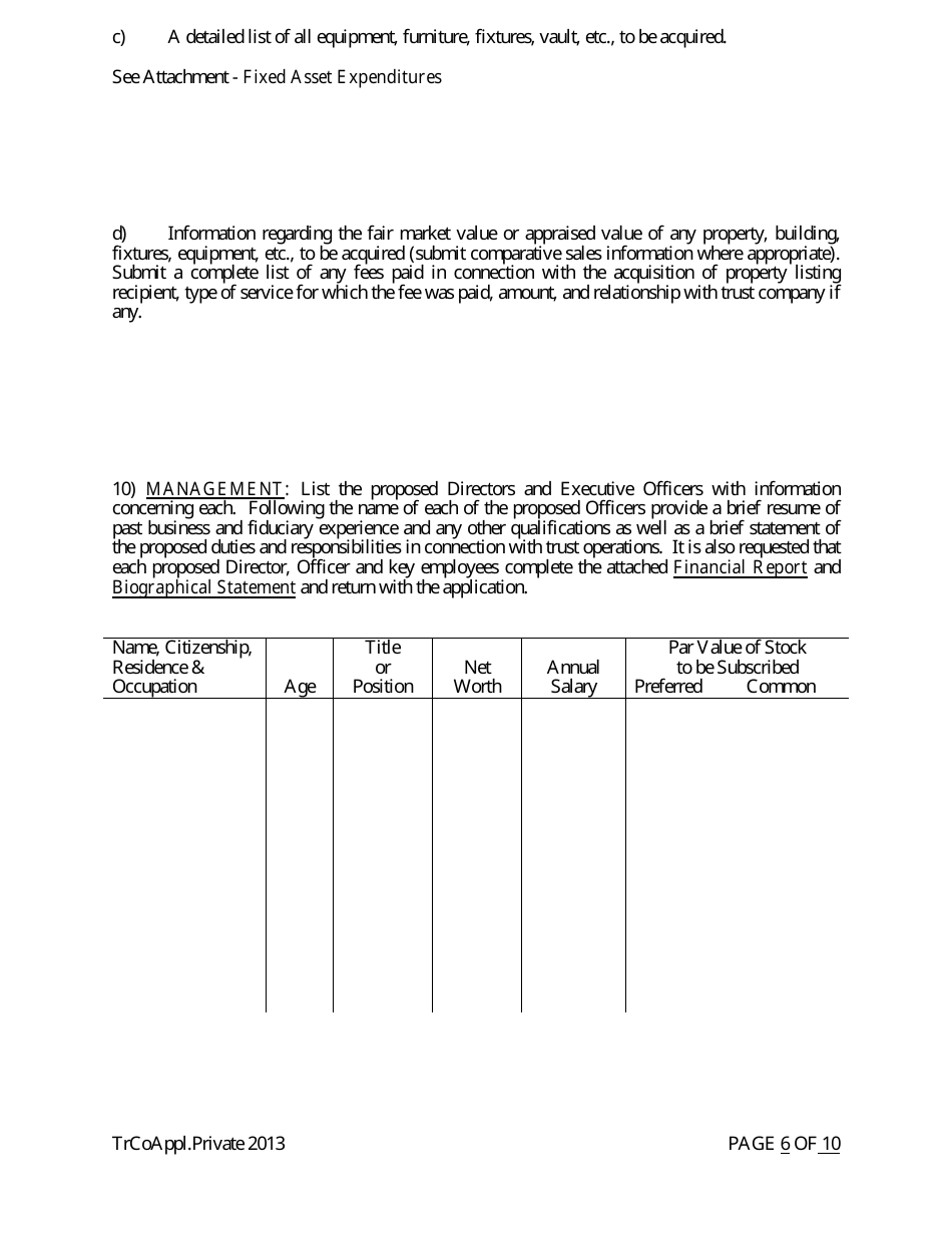 Application for Proposed Private State Trust Company - Arkansas, Page 6