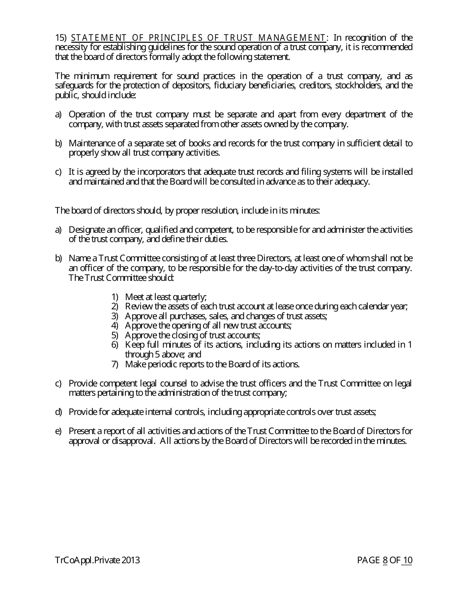 Application for Proposed Private State Trust Company - Arkansas, Page 8