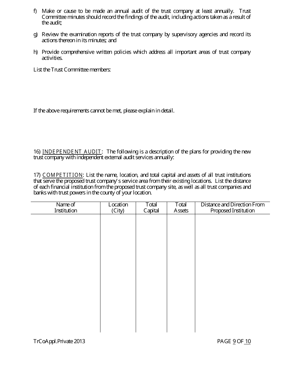 Application for Proposed Private State Trust Company - Arkansas, Page 9