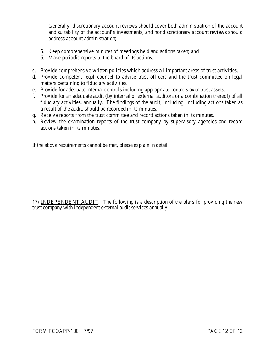 Form TCOAPP-100 Application for Proposed State Trust Company - Arkansas, Page 12