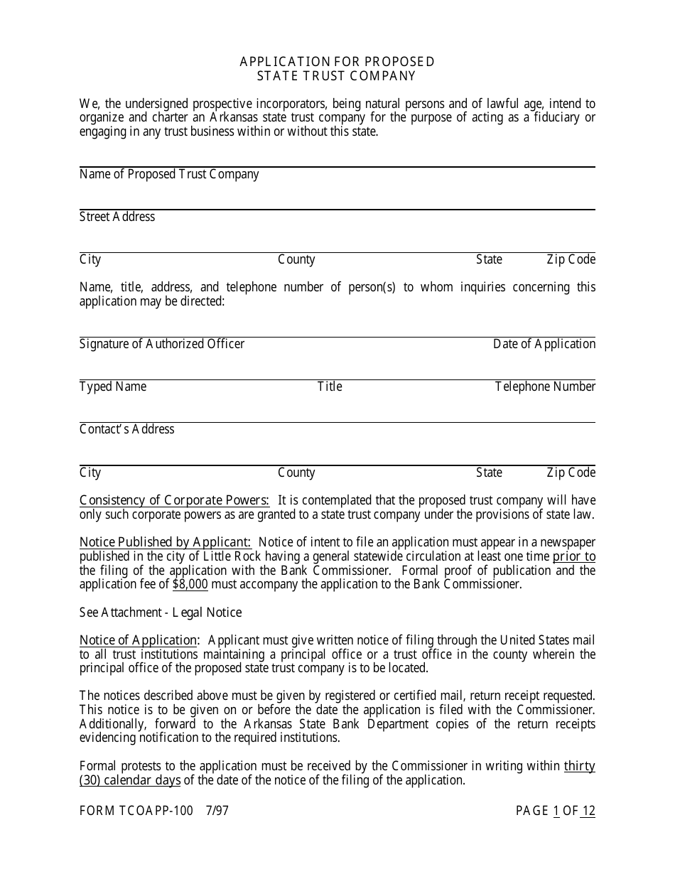 Form TCOAPP-100 Application for Proposed State Trust Company - Arkansas, Page 1
