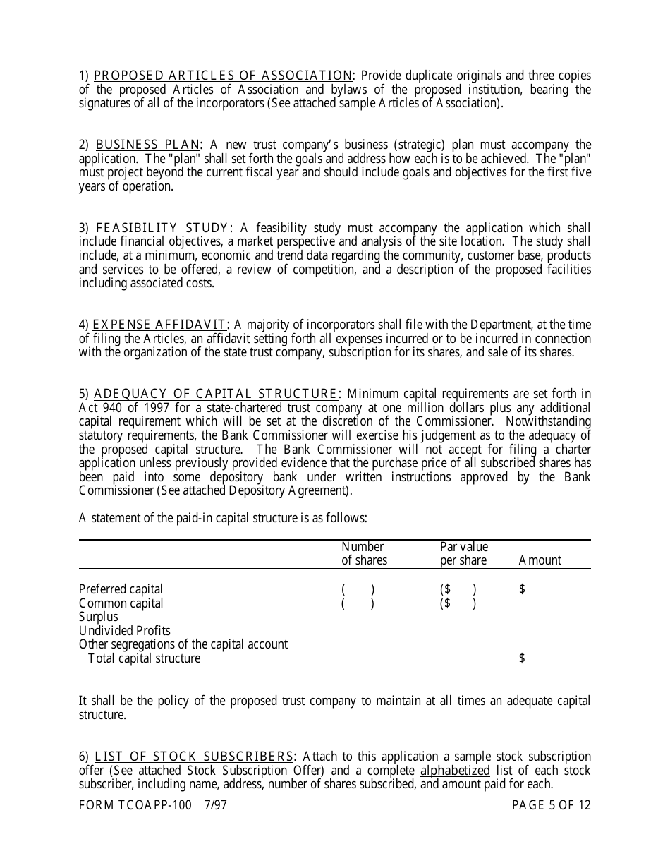 Form TCOAPP-100 Application for Proposed State Trust Company - Arkansas, Page 5