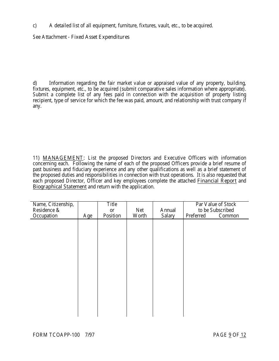 Form TCOAPP-100 Application for Proposed State Trust Company - Arkansas, Page 9
