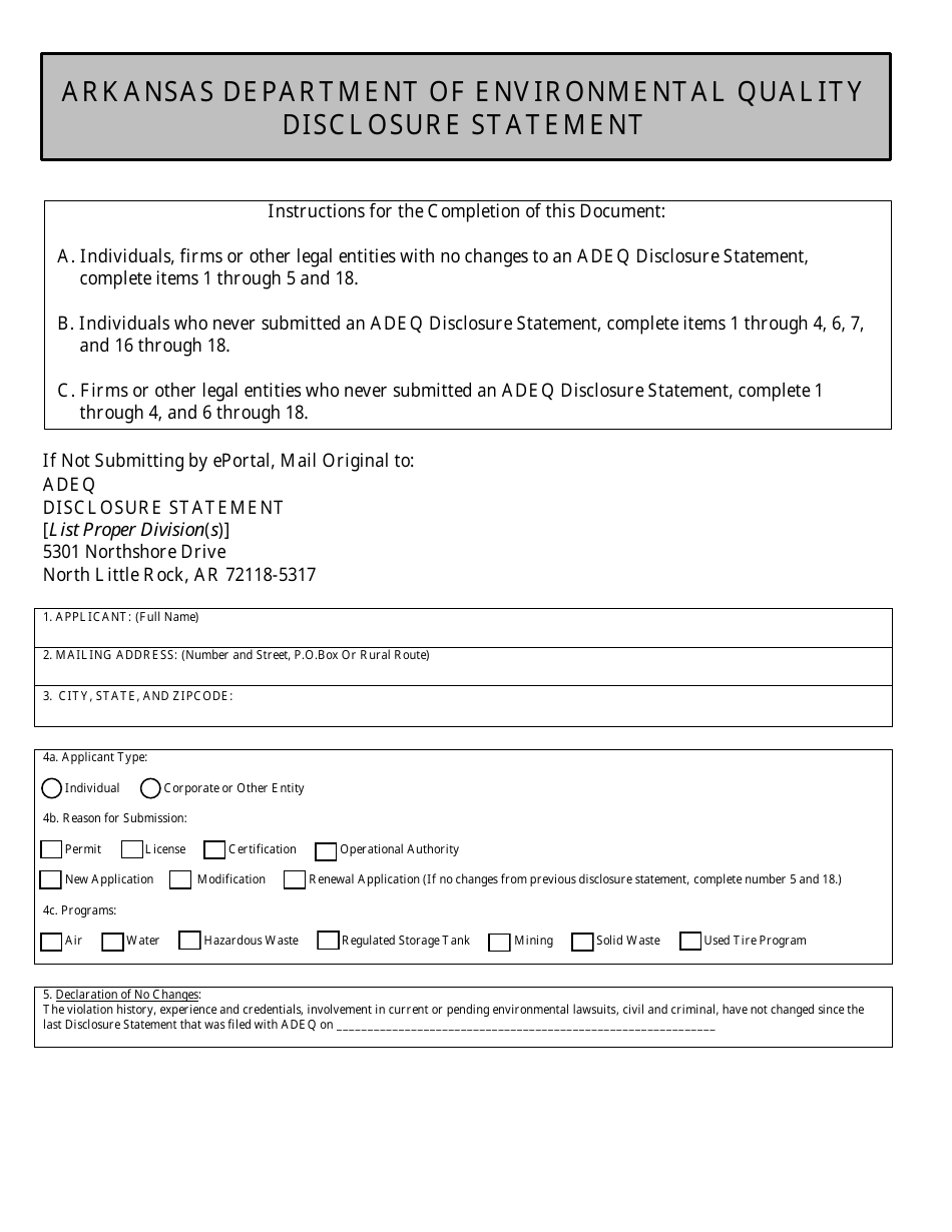 Arkansas Disclosure Statement Form Download Fillable PDF Templateroller