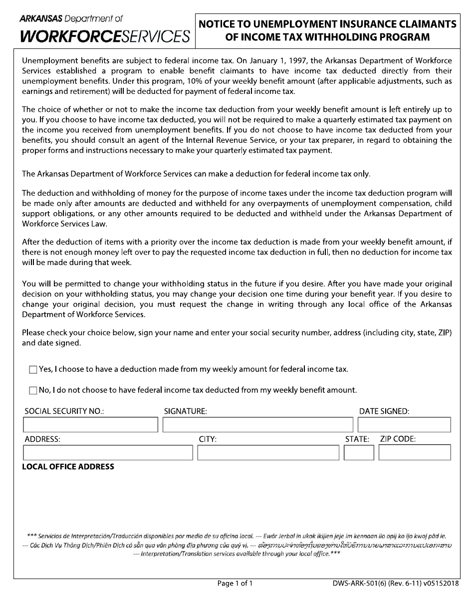 Form DWS-ARK-501(6) Notice to Unemployment Insurance Claimants of Income Tax Withholding Program - Arkansas, Page 1