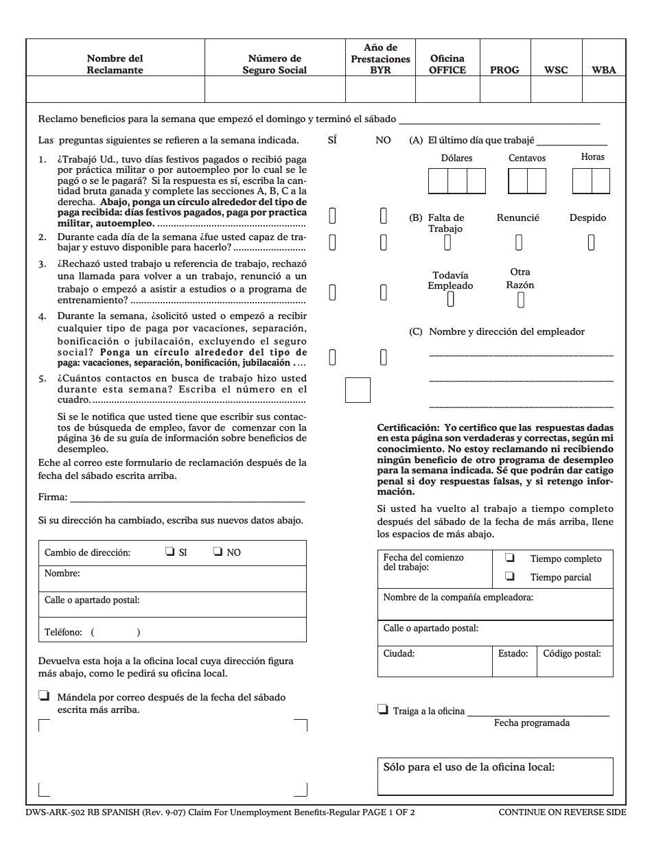 Formulario DWS-ARK-502 RB Formulario De Reclamacion Semanal Para Los Beneficios De Desempleo - Arkansas (Spanish), Page 1
