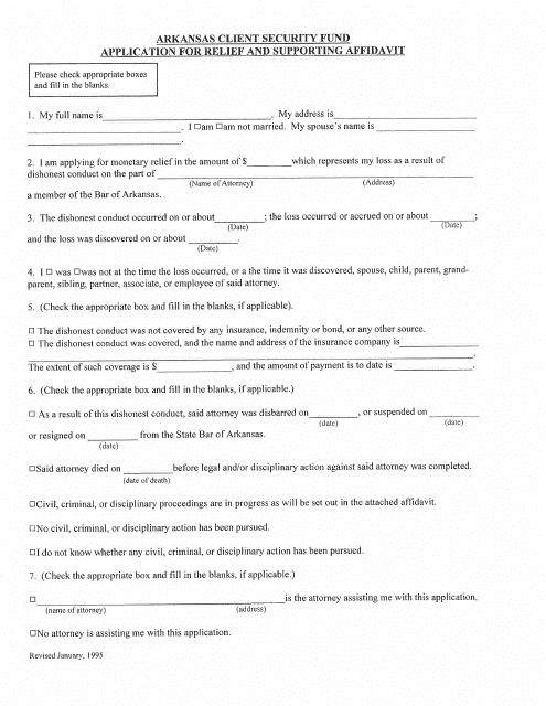 Application for Relief and Supporting Affidavit - Arkansas Client Security Fund - Arkansas