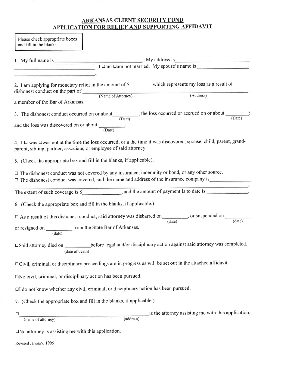 Application for Relief and Supporting Affidavit - Arkansas Client Security Fund - Arkansas, Page 1