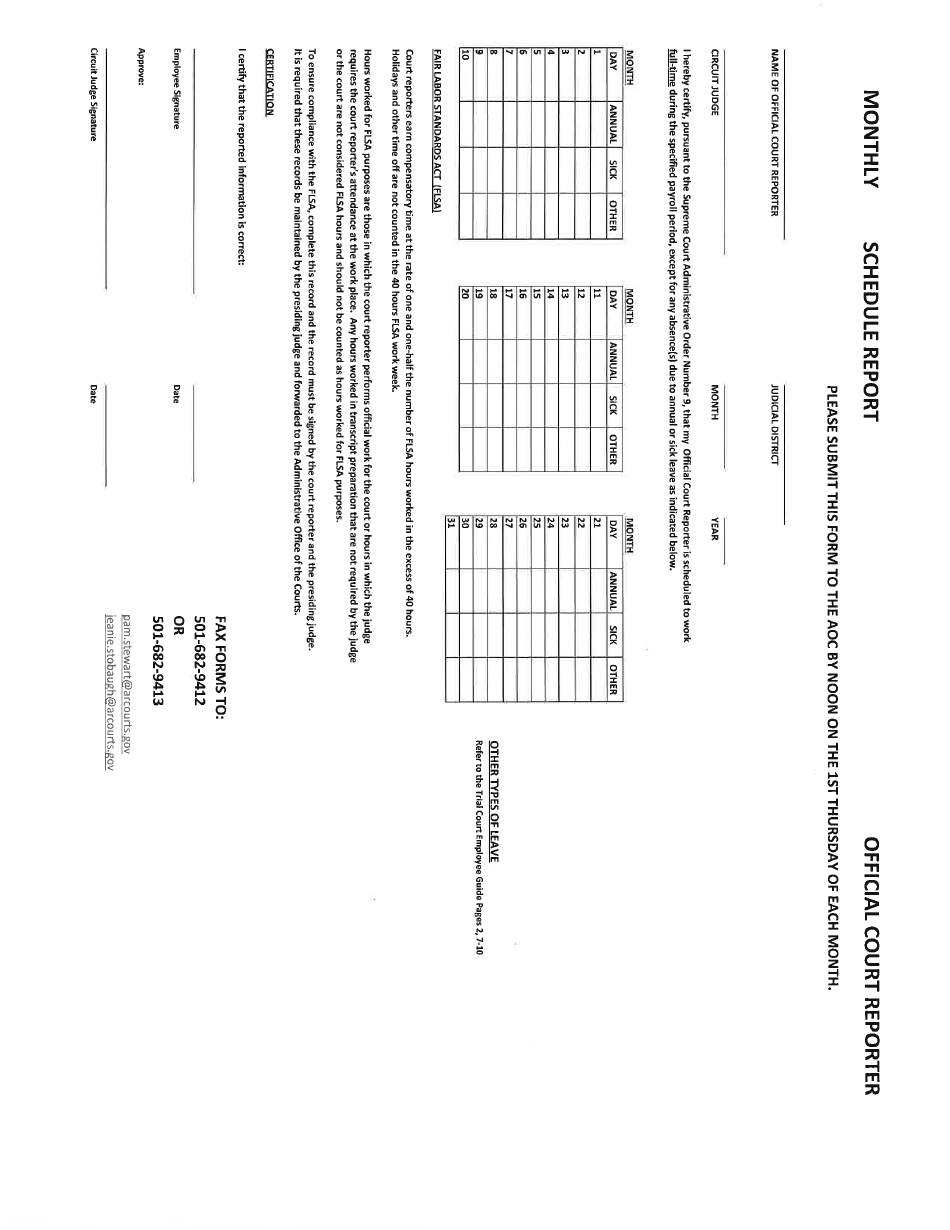 Monthly Schedule Report Form - Official Court Reporter - Arkansas, Page 1