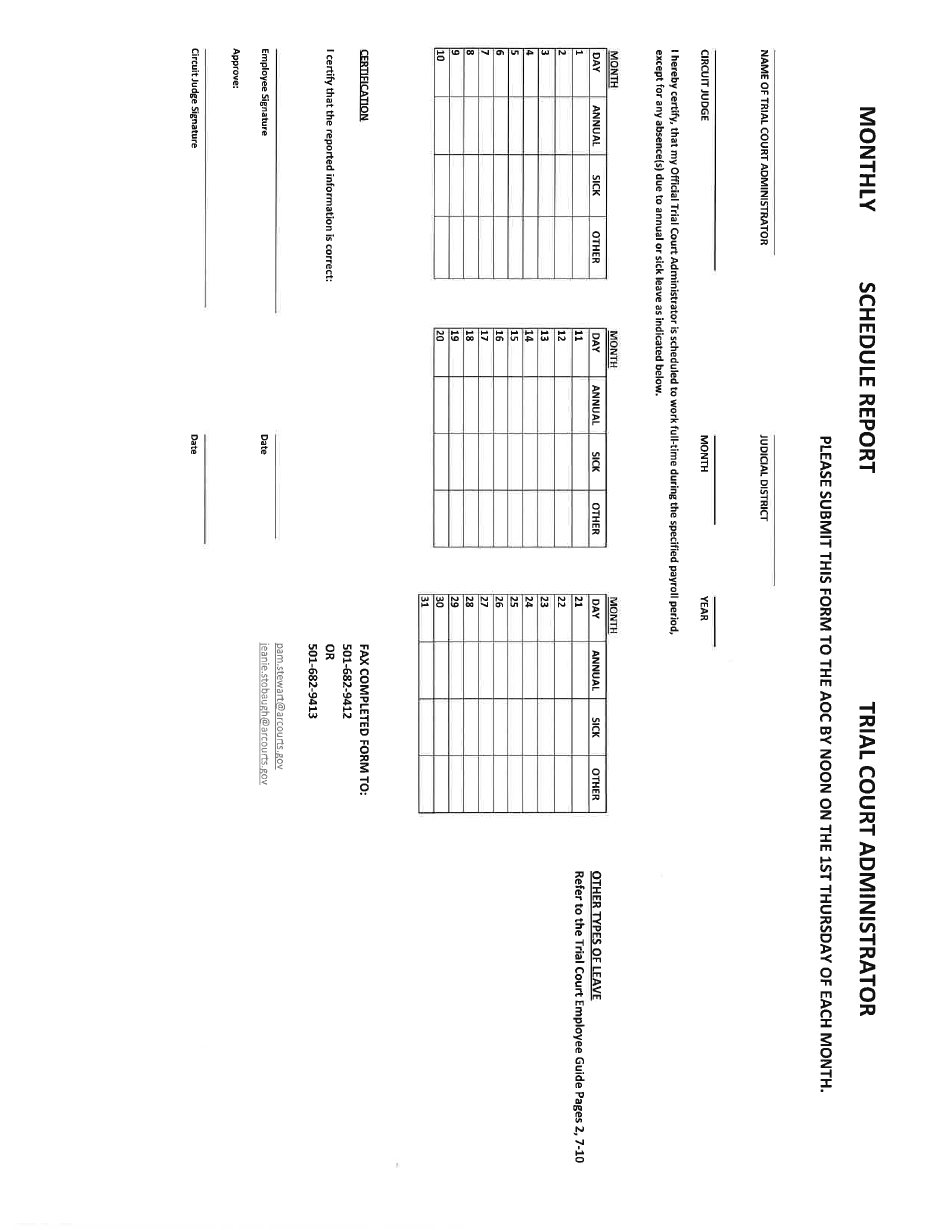 Monthly Schedule Report Form - Trial Court Administrator - Arkansas, Page 1