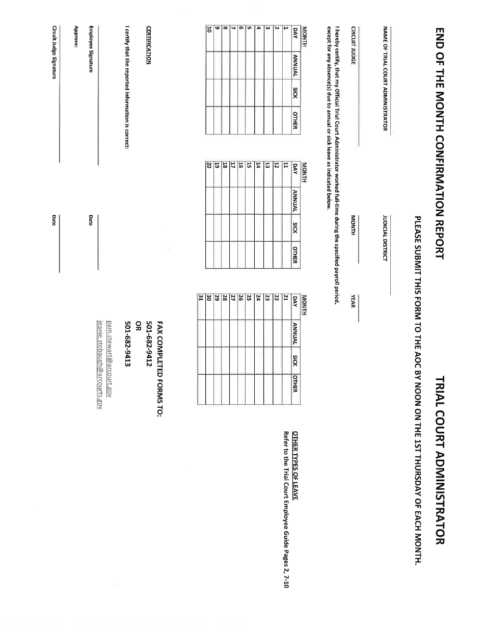 End of the Month Confirmation Report Form - Trial Court Administrator - Arkansas, Page 1