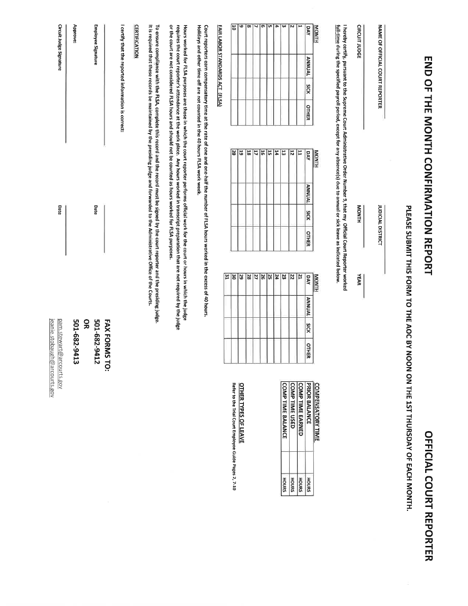 End of the Month Confirmation Report Form - Official Court Reporter - Arkansas, Page 1