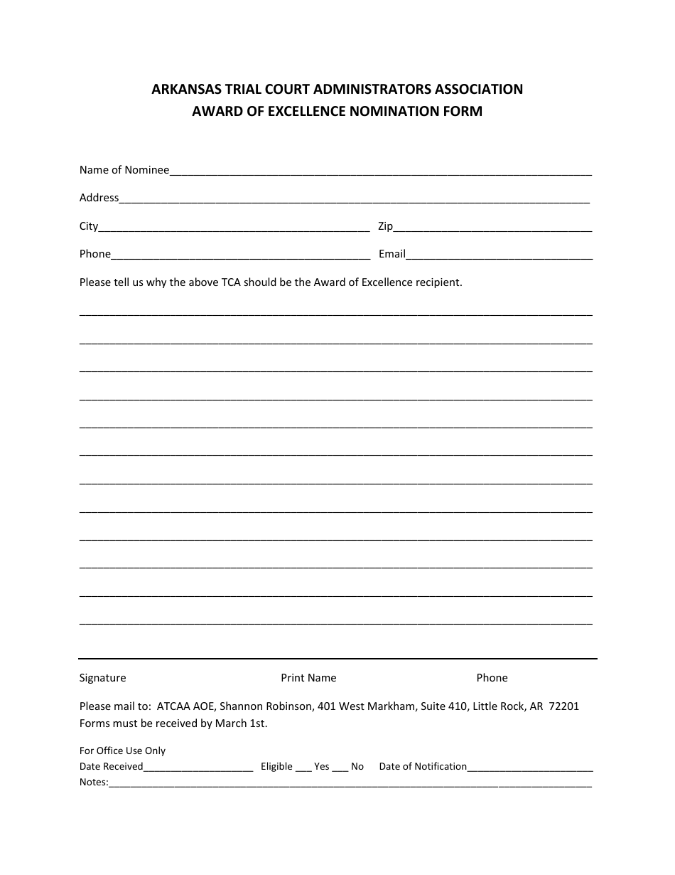 Arkansas Award of Excellence Nomination Form Download Printable PDF