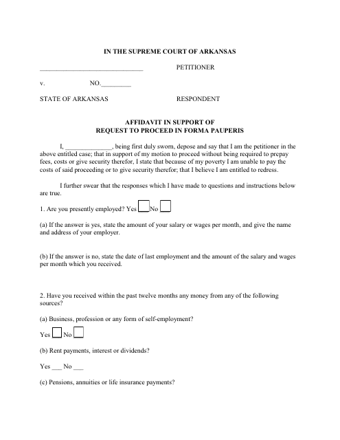 Affidavit in Support of Request to Proceed in Forma Pauperis - Arkansas Download Pdf