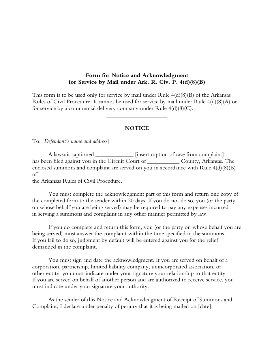 Form for Notice and Acknowledgment for Service by Mail Under Ark. R. Civ. P. 4(D)(8)(B) - Arkansas, Page 1