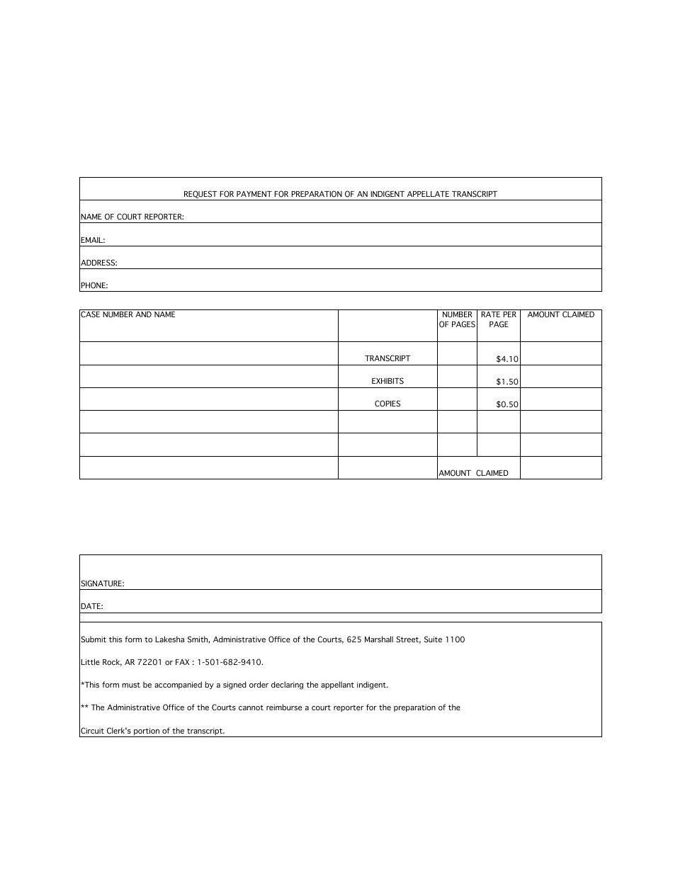 Request for Payment for Preparation of an Indigent Appellate Transcript - Arkansas, Page 1