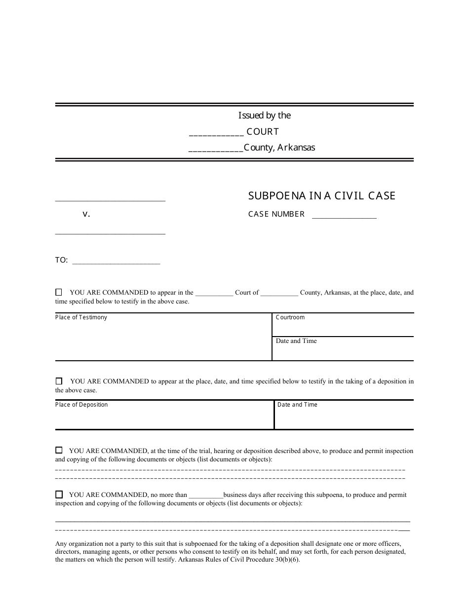 Arkansas Subpoena in a Civil Case Fill Out Sign Online and Download