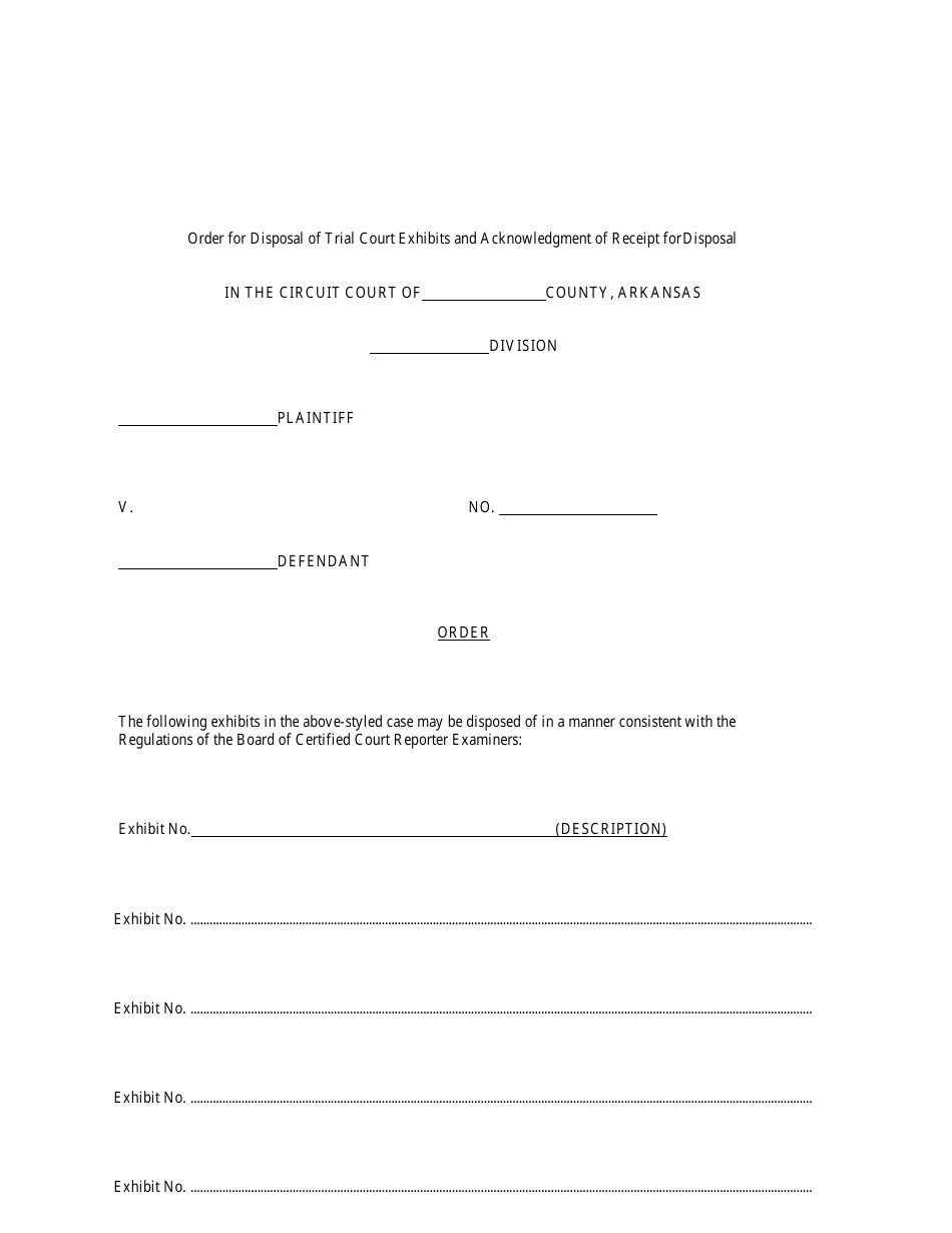 Order for Disposal of Trial Court Exhibits and Acknowledgment of Receipt for Disposal - Arkansas, Page 1
