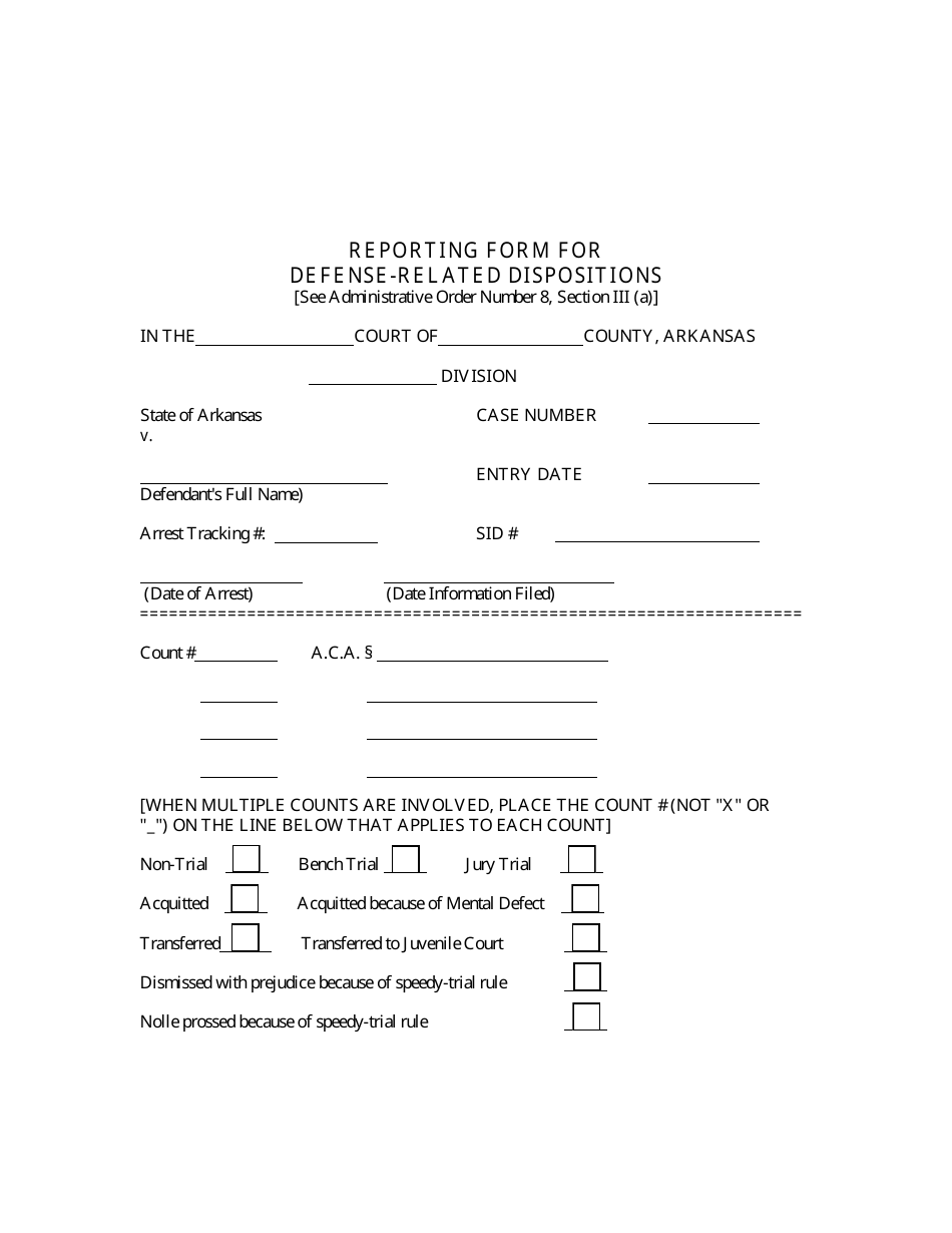 Reporting Form for Defense-Related Dispositions - Arkansas, Page 1