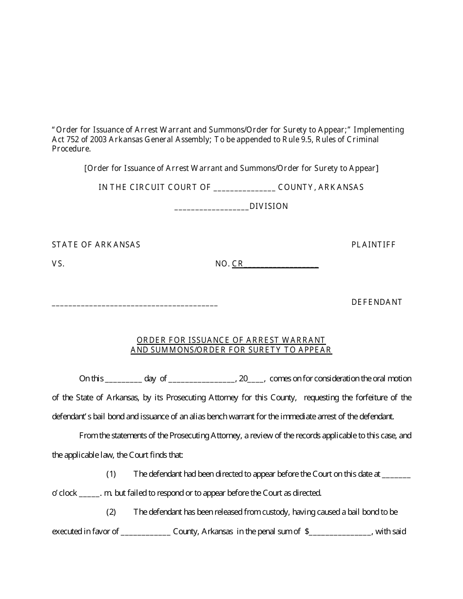 Order for Issuance of Arrest Warrant and Summons / Order for Surety to Appear - Arkansas, Page 1